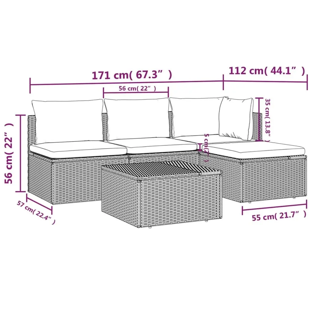 Garden Lounge Set 5 Piece Outdoor Furniture Grey Poly Rattan with Cushions