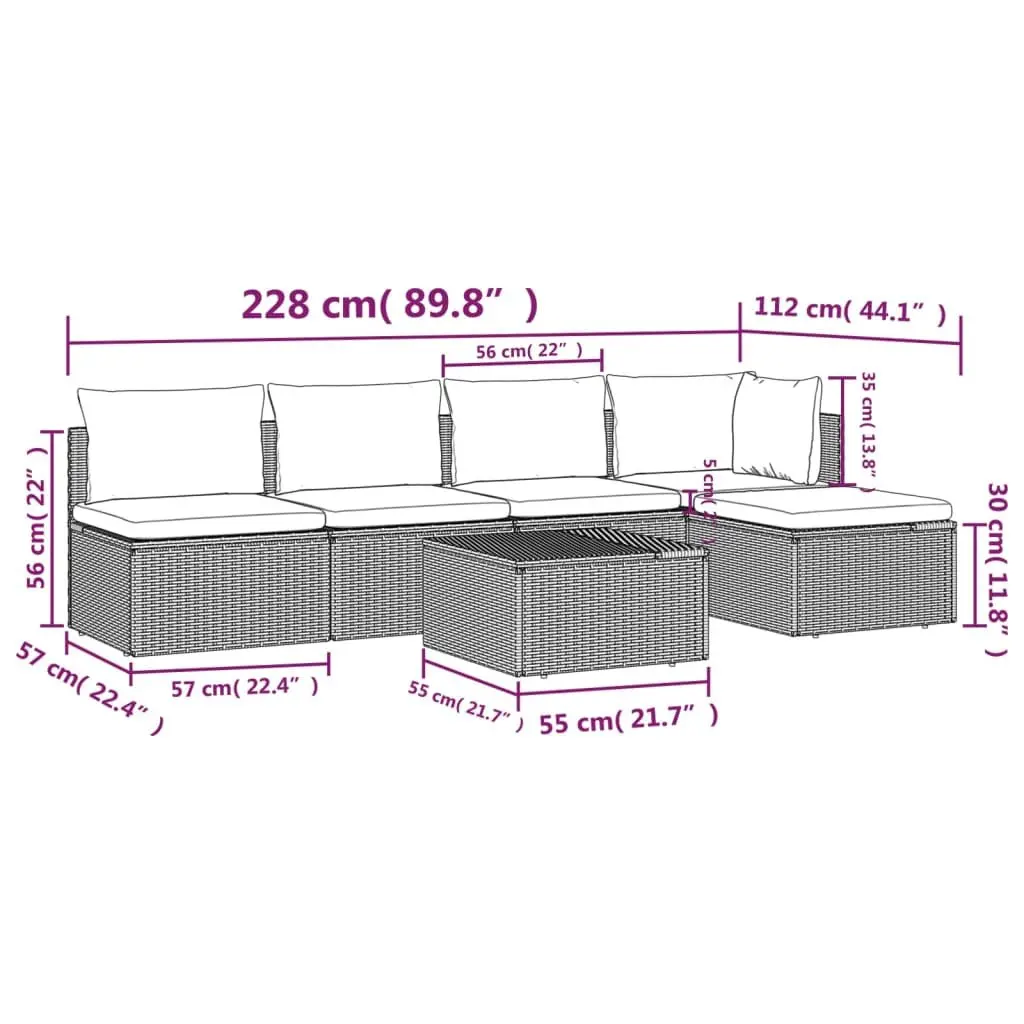 Garden Lounge Set 6 Piece Outdoor Furniture Grey Poly Rattan with Cushions