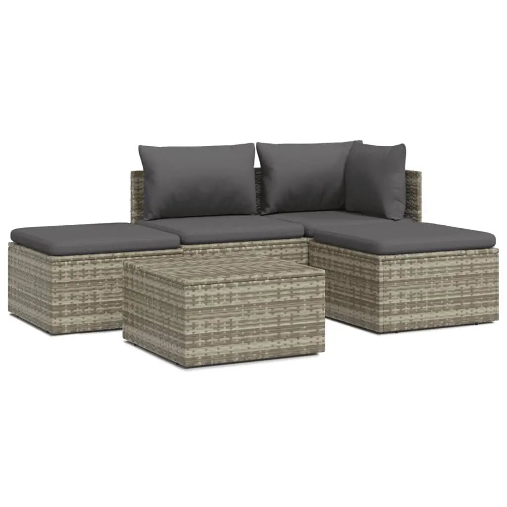 5 Piece Garden Lounge Set with Cushions Grey Outdoor Patio Furniture Poly Rattan