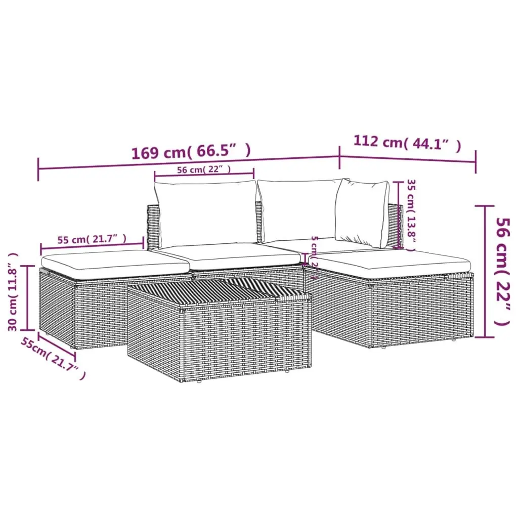 5 Piece Garden Lounge Set with Cushions Grey Outdoor Patio Furniture Poly Rattan