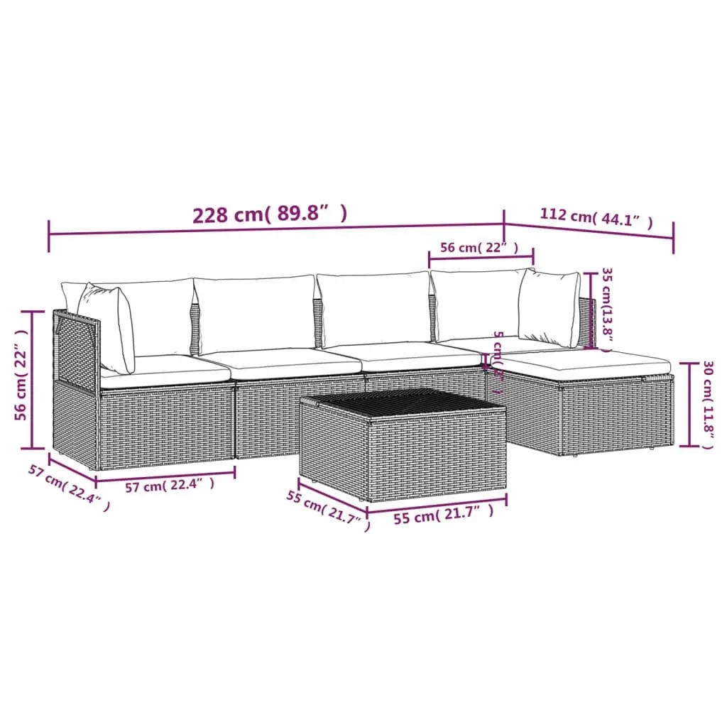 Garden Lounge Set 6 Piece Outdoor Furniture with Cushions Grey Poly Rattan