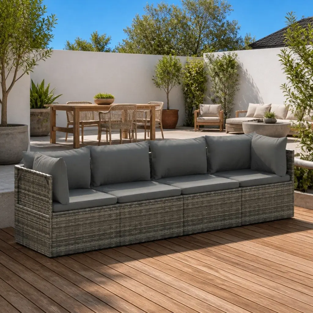 4 Piece Outdoor Furniture Set Grey Poly Rattan Garden Lounge with Cushions and Storage Compartment