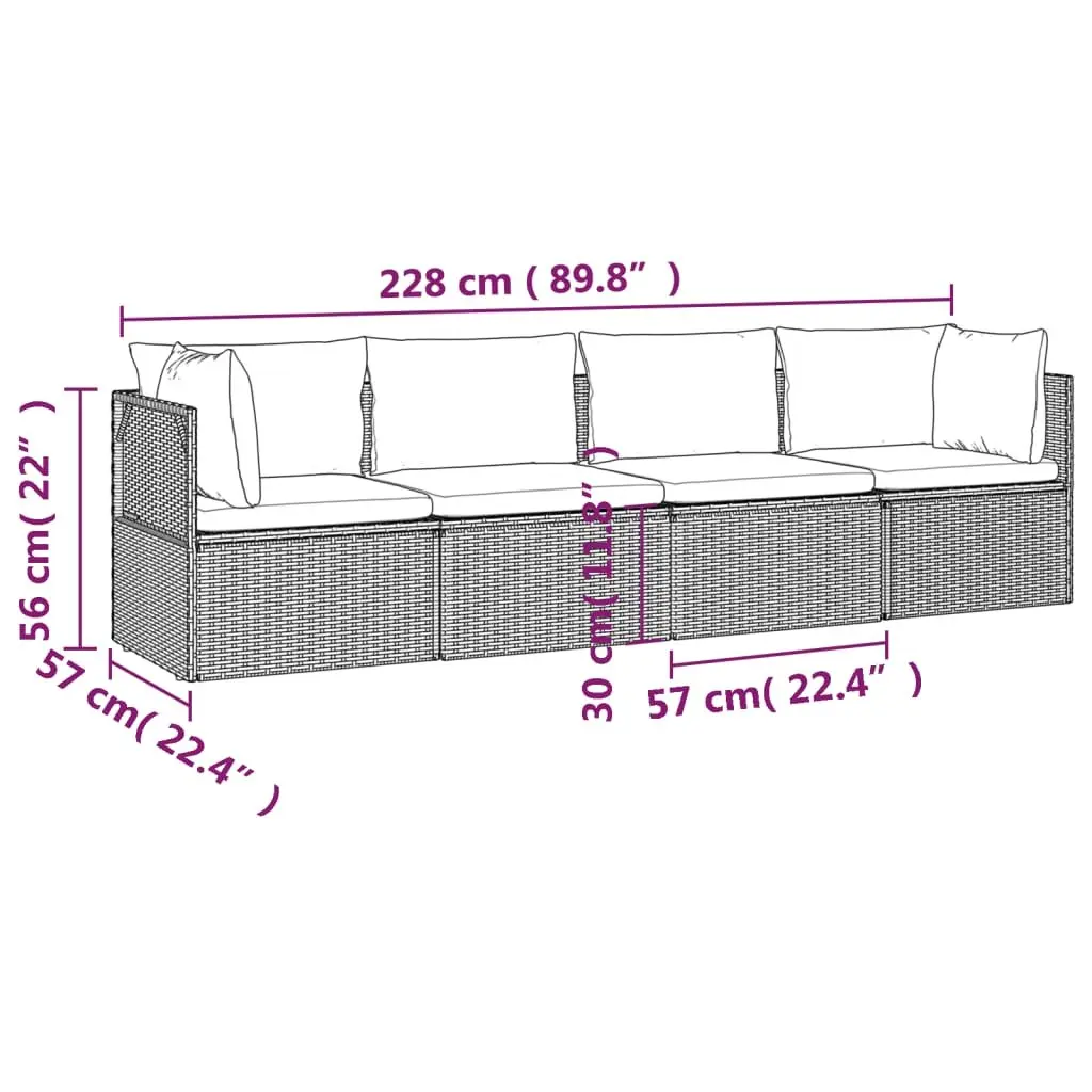 4 Piece Outdoor Furniture Set Grey Poly Rattan Garden Lounge with Cushions and Storage Compartment