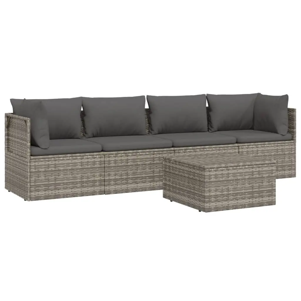 5 Piece Garden Lounge Set Grey Poly Rattan Outdoor Furniture with Cushions