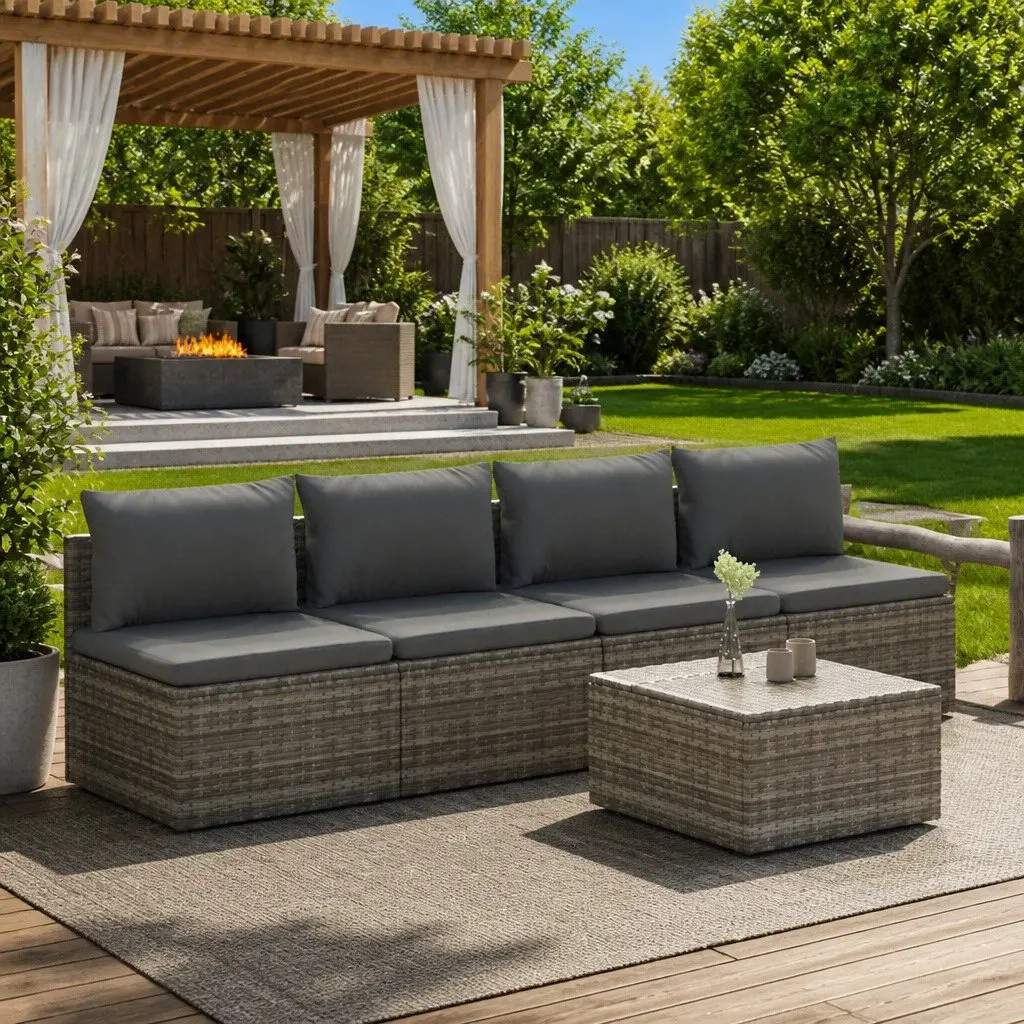 Garden Lounge Set Grey 5 Piece Outdoor Furniture Poly Rattan with Cushions