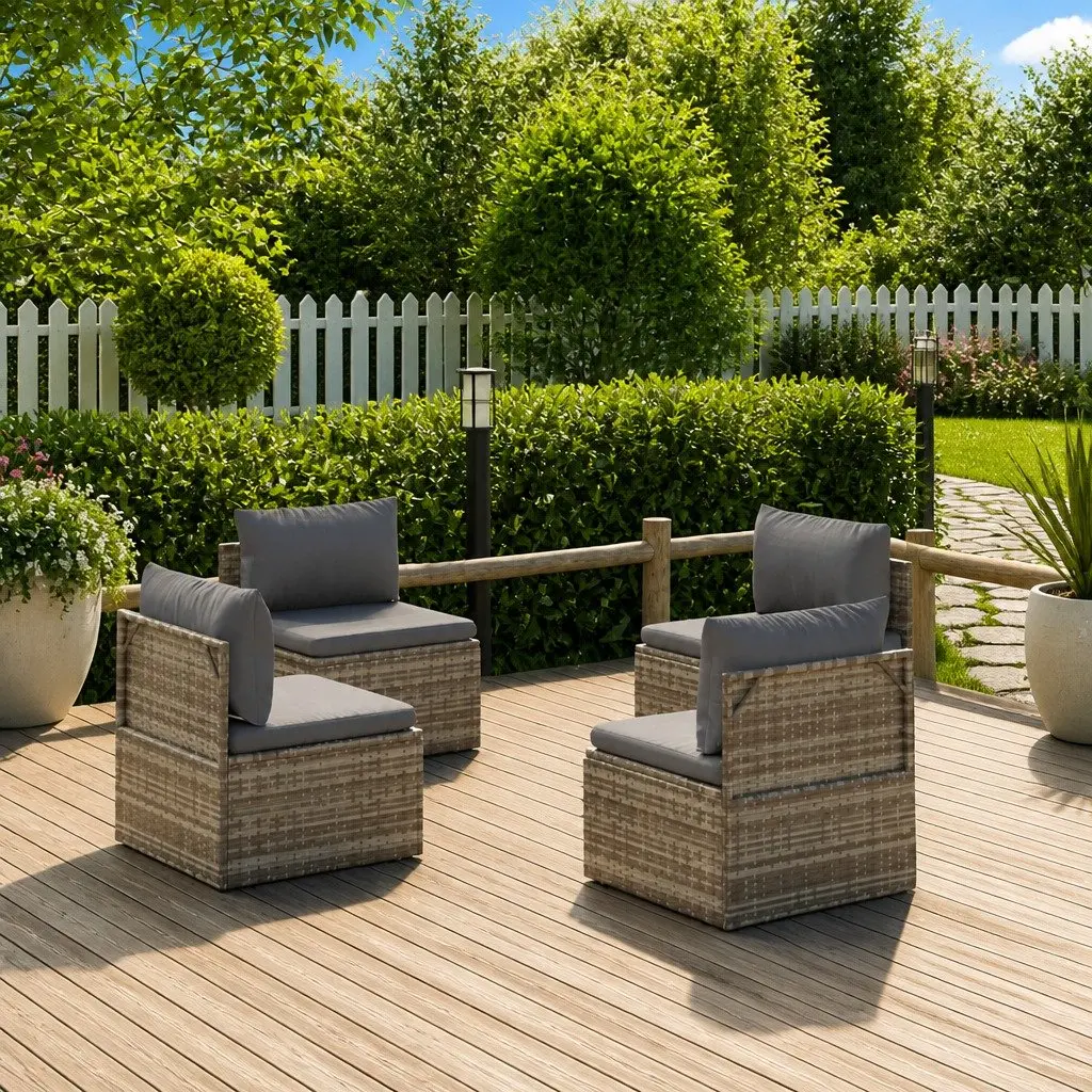 Outdoor Furniture Set Grey 4 Piece Poly Rattan Garden Middle Sofas 57x57x56 cm Sturdy Steel Frame Cushions Included