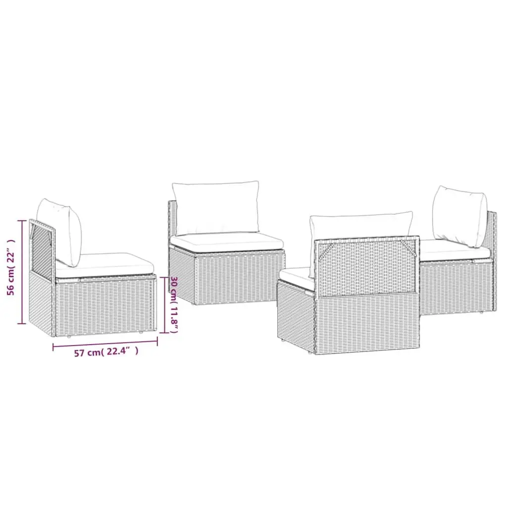 Outdoor Furniture Set Grey 4 Piece Poly Rattan Garden Middle Sofas 57x57x56 cm Sturdy Steel Frame Cushions Included