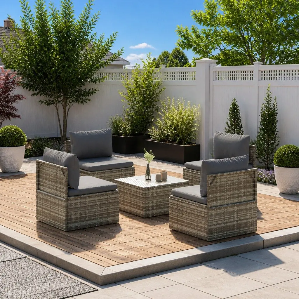 Garden Lounge Set 5 Piece Outdoor Furniture with Cushions Grey Rattan