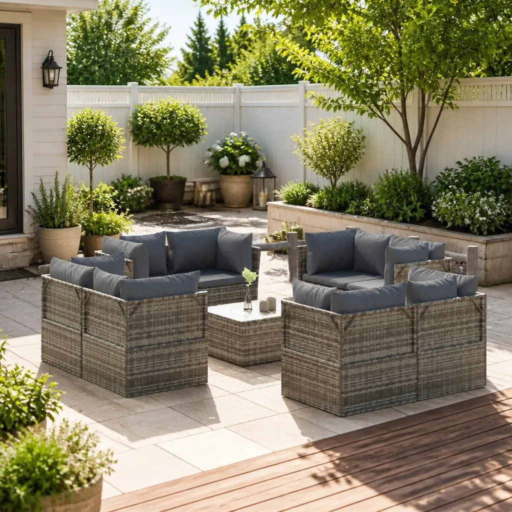 Garden Lounge Set 9 Piece Outdoor Furniture Grey Poly Rattan Sectional with
