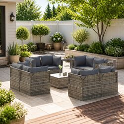 Garden Lounge Set 9 Piece Outdoor Furniture Grey Poly Rattan Sectional with