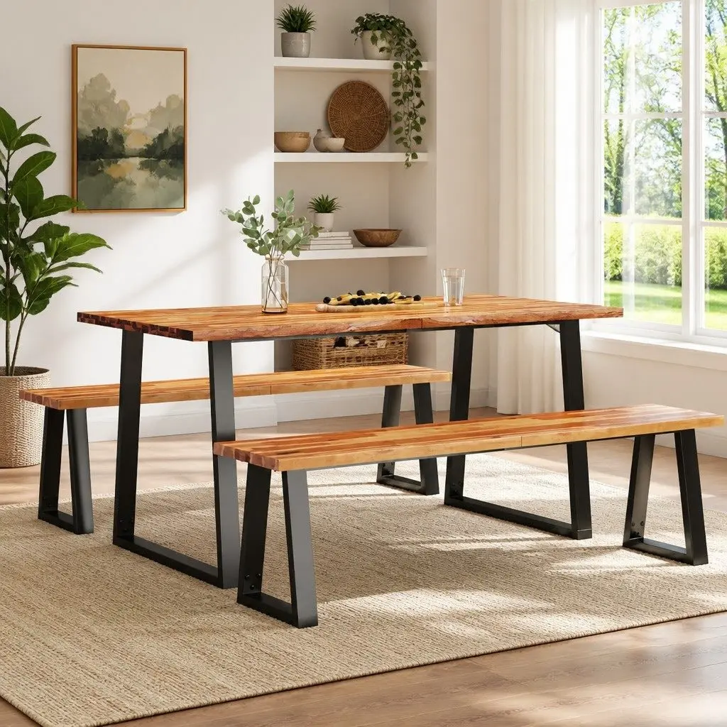 Dining Set Brown 3 Piece Live Edge Solid Wood Acacia Kitchen Table Bench Seats