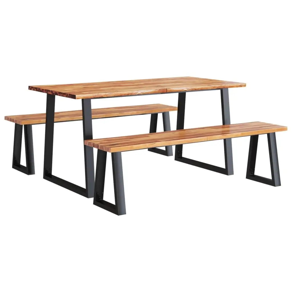 Dining Set Brown 3 Piece Live Edge Solid Wood Acacia Kitchen Table Bench Seats