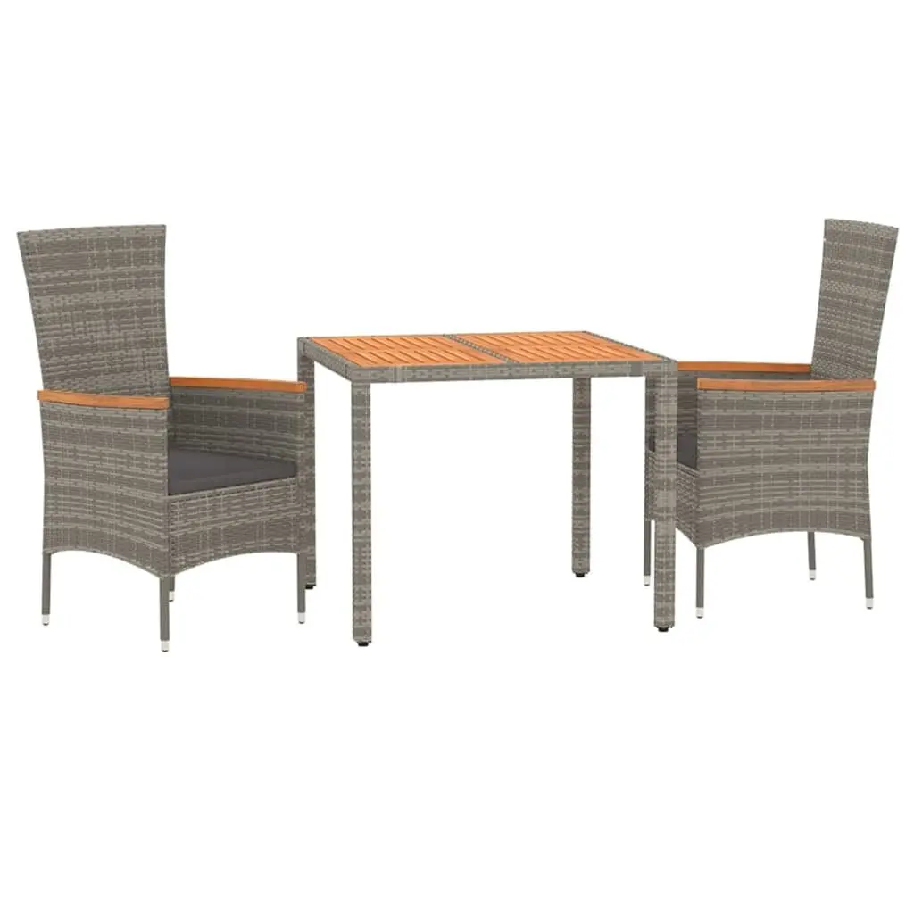 Garden Dining Set 3 Piece Outdoor Patio Furniture with Cushions Grey Poly Rattan
