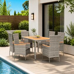 Garden Dining Set 7 Piece Outdoor Furniture with Cushions Grey Rattan