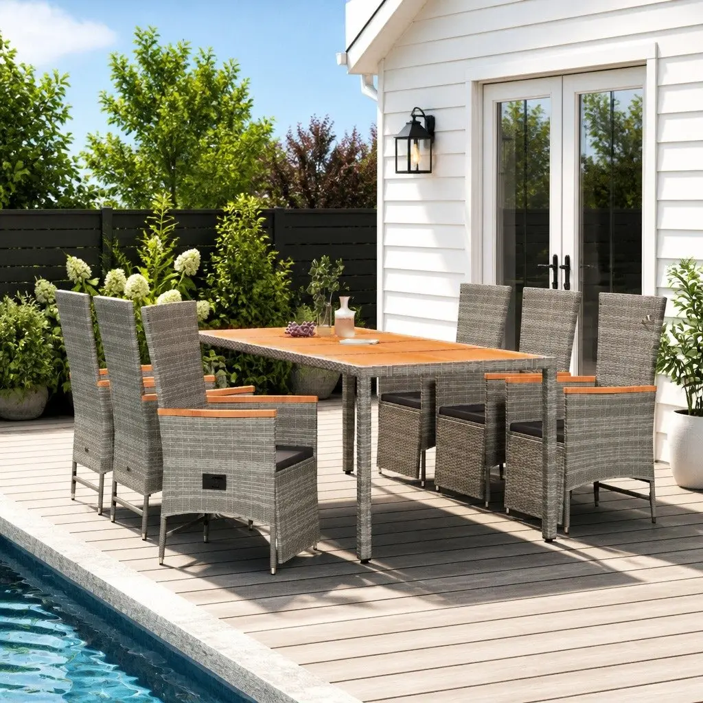 Garden Dining Set Grey 7 Piece Outdoor Furniture Weather-resistant PE Rattan Adjustable Reclining Chairs with Cushions