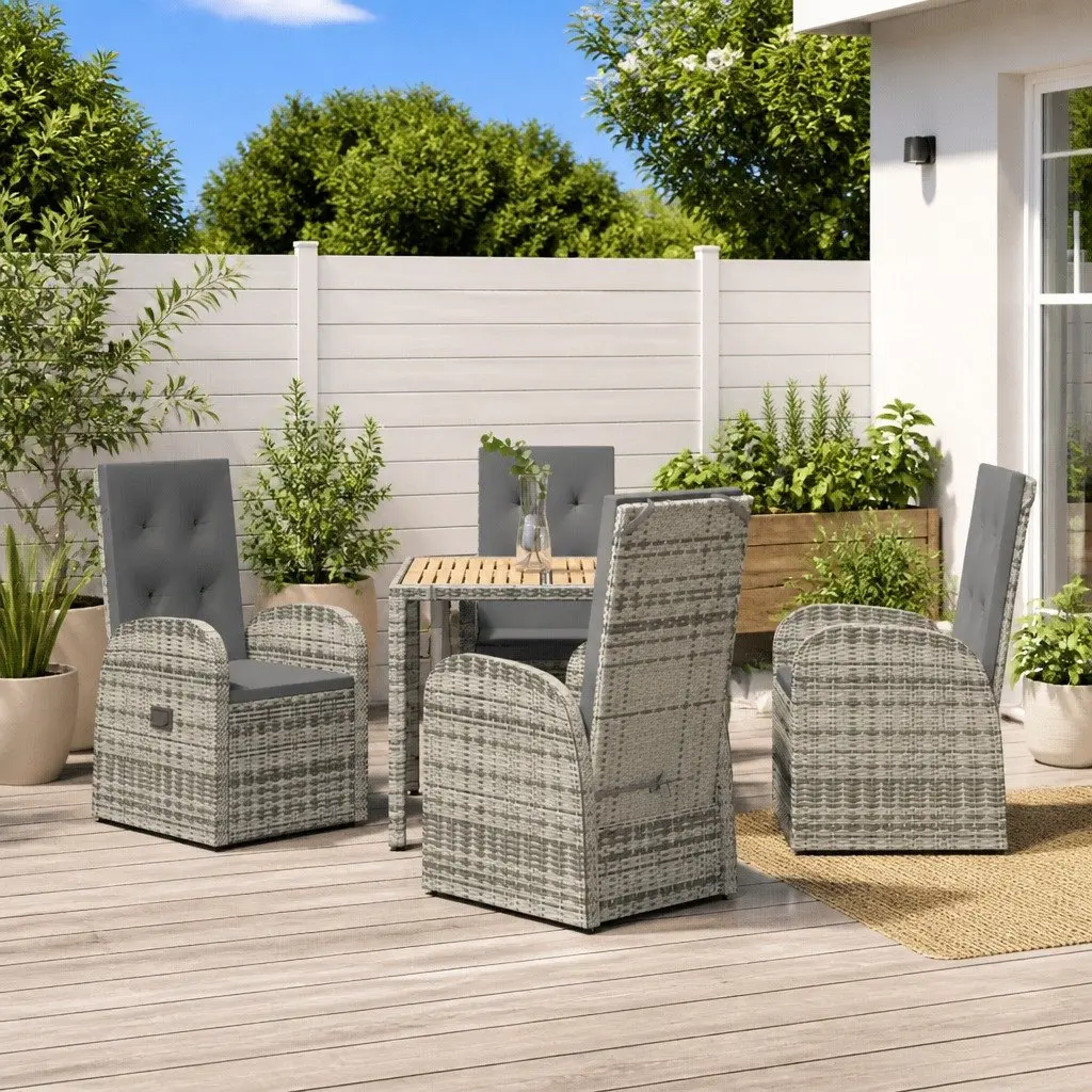 5PieceGreyOutdoorRattanDiningSetwithCushionsPowderCoatedSteelFrameRecliningChairs