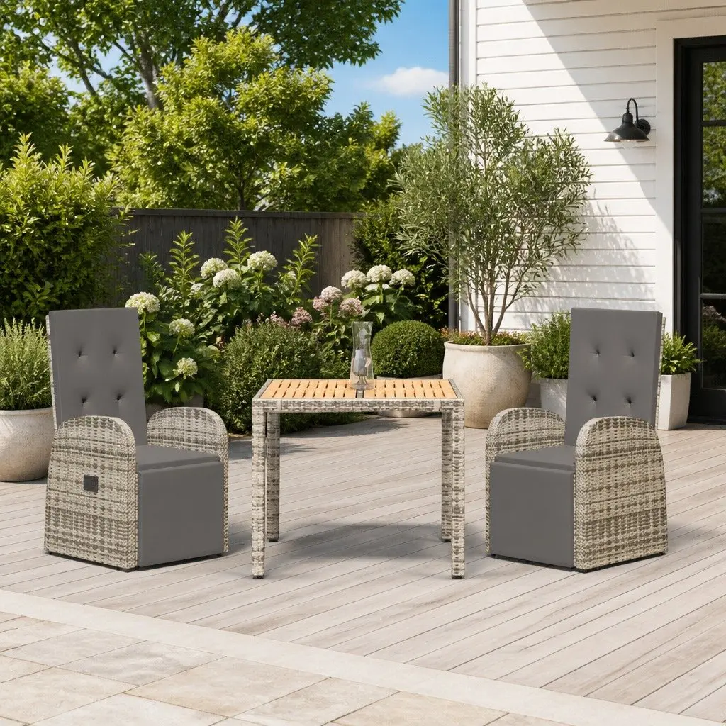 Garden Dining Set 3 Piece Outdoor Patio Furniture Reclining Chairs Table Grey