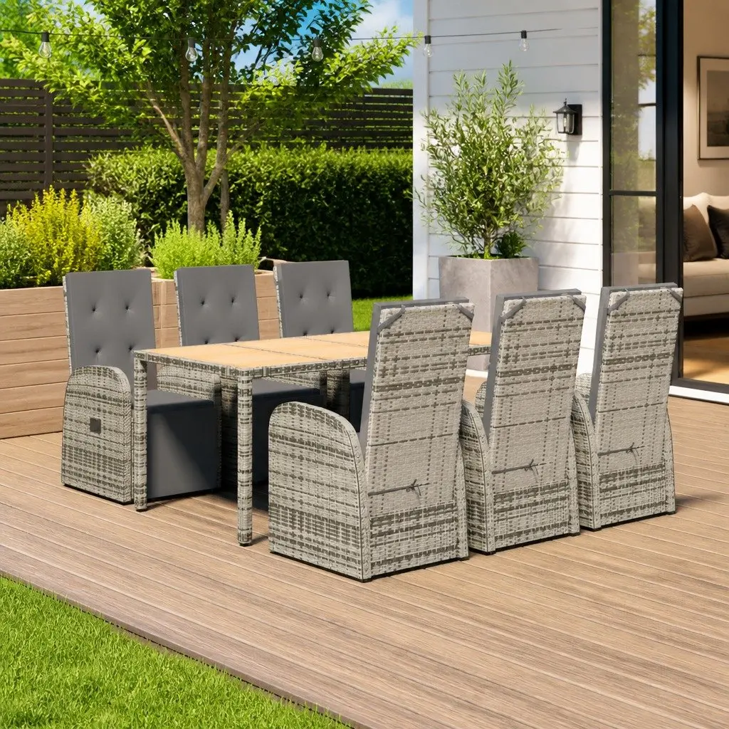 Garden Dining Set Grey 7 Piece Outdoor Patio Furniture Weather-resistant PE Rattan Adjustable Reclining Chairs