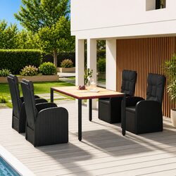 5 Piece Outdoor Garden Dining Set Black Poly Rattan Chairs Table Cushions