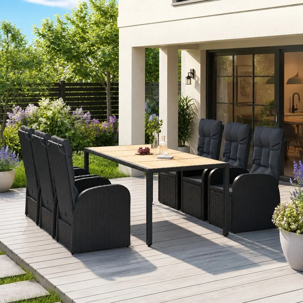 Garden Dining Set 7 Piece with Cushions in Black Rattan