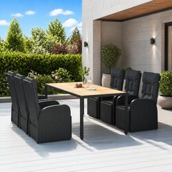7 Piece Garden Dining Set Black Poly Rattan Acacia Wood Outdoor Patio Furniture