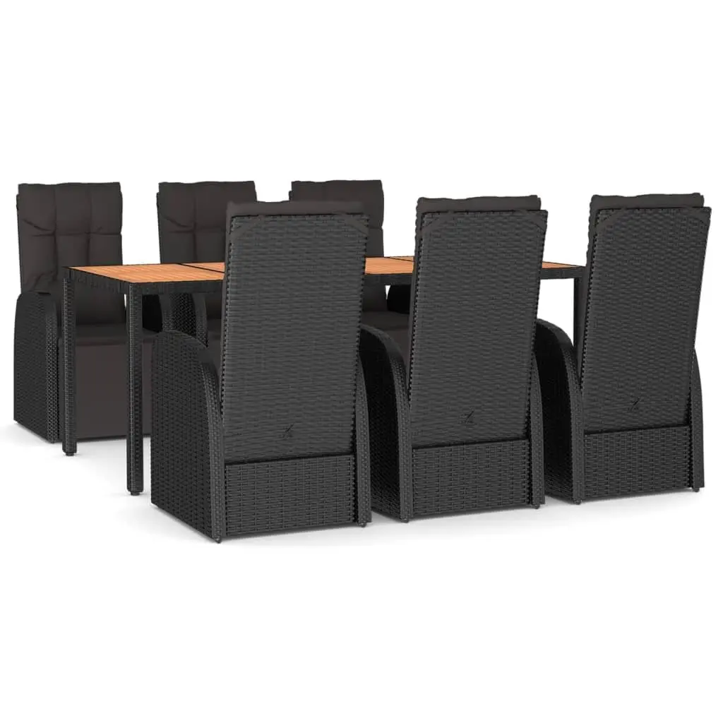 7 Piece Garden Dining Set Black Poly Rattan Acacia Wood Outdoor Patio Furniture