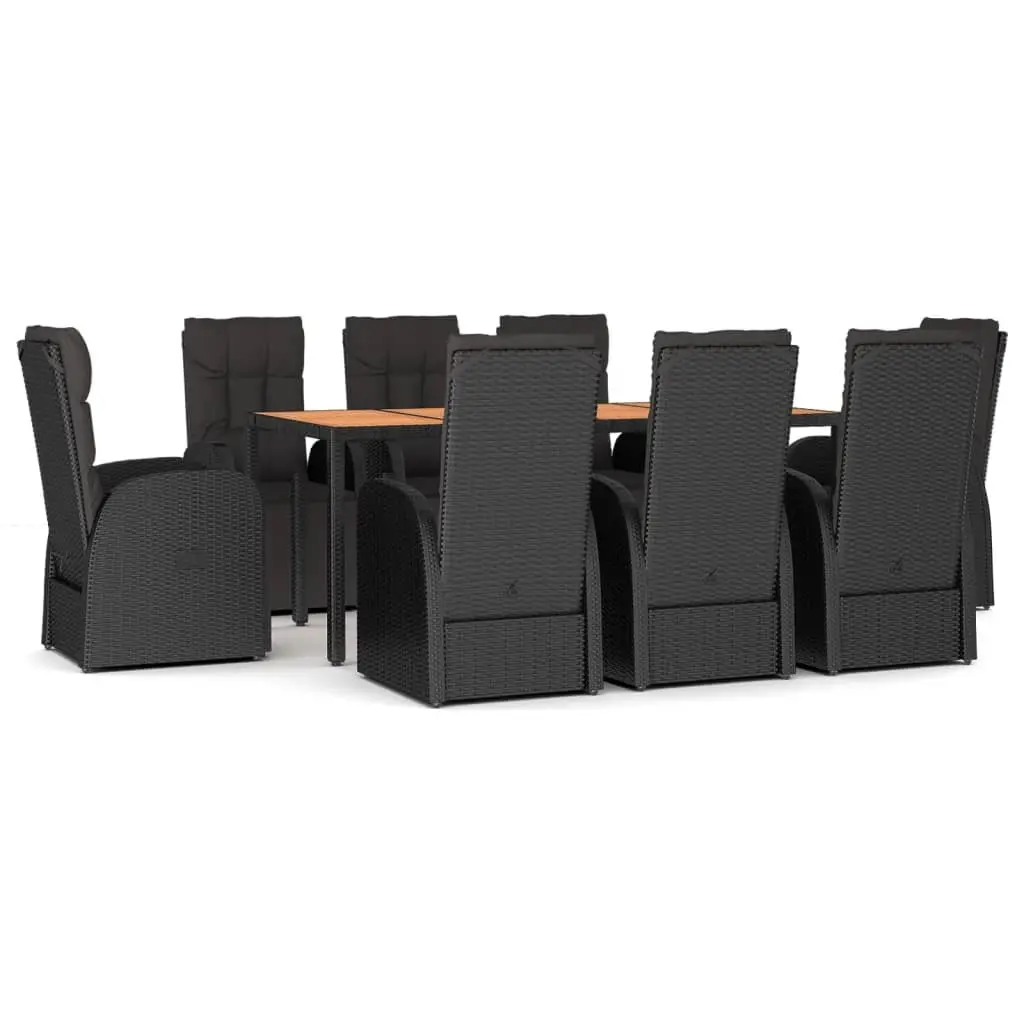 Garden Dining Set 9 Piece Black Poly Rattan Acacia Wood Outdoor Furniture