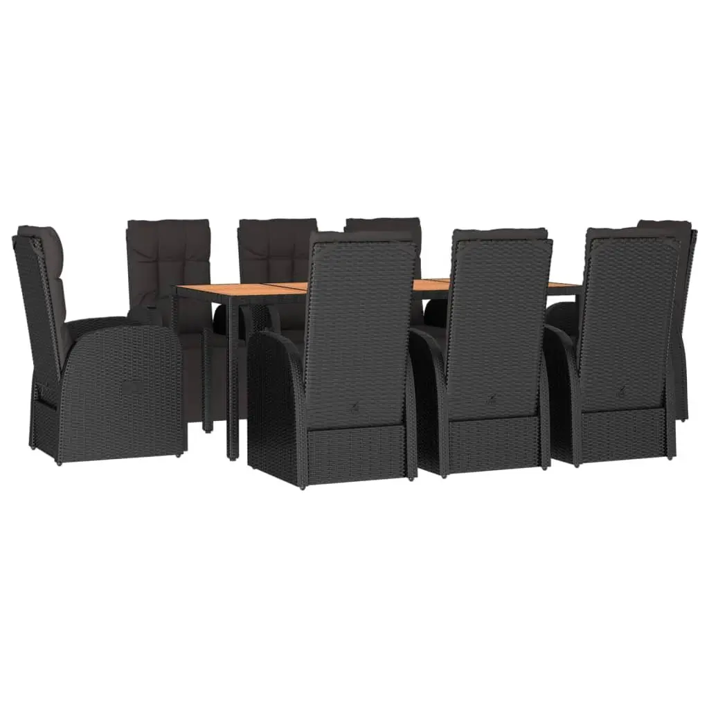 Garden Dining Set 9 Piece Black Poly Rattan Acacia Wood Outdoor Furniture