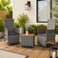 3 Piece Garden Lounge Set Grey PE Rattan Acacia Wood Outdoor Furniture Chairs
