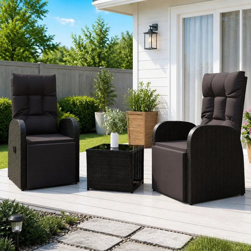 3 Piece Garden Lounge Set Black Rattan Steel Adjustable Chairs Side Table