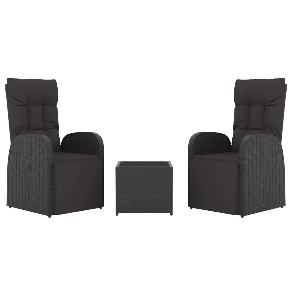 3 Piece Garden Lounge Set Black Rattan Steel Adjustable Chairs Side Table