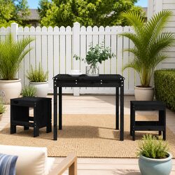 Garden Bistro Set 3 Piece Outdoor Furniture Black Solid Pine Wood Table Stools