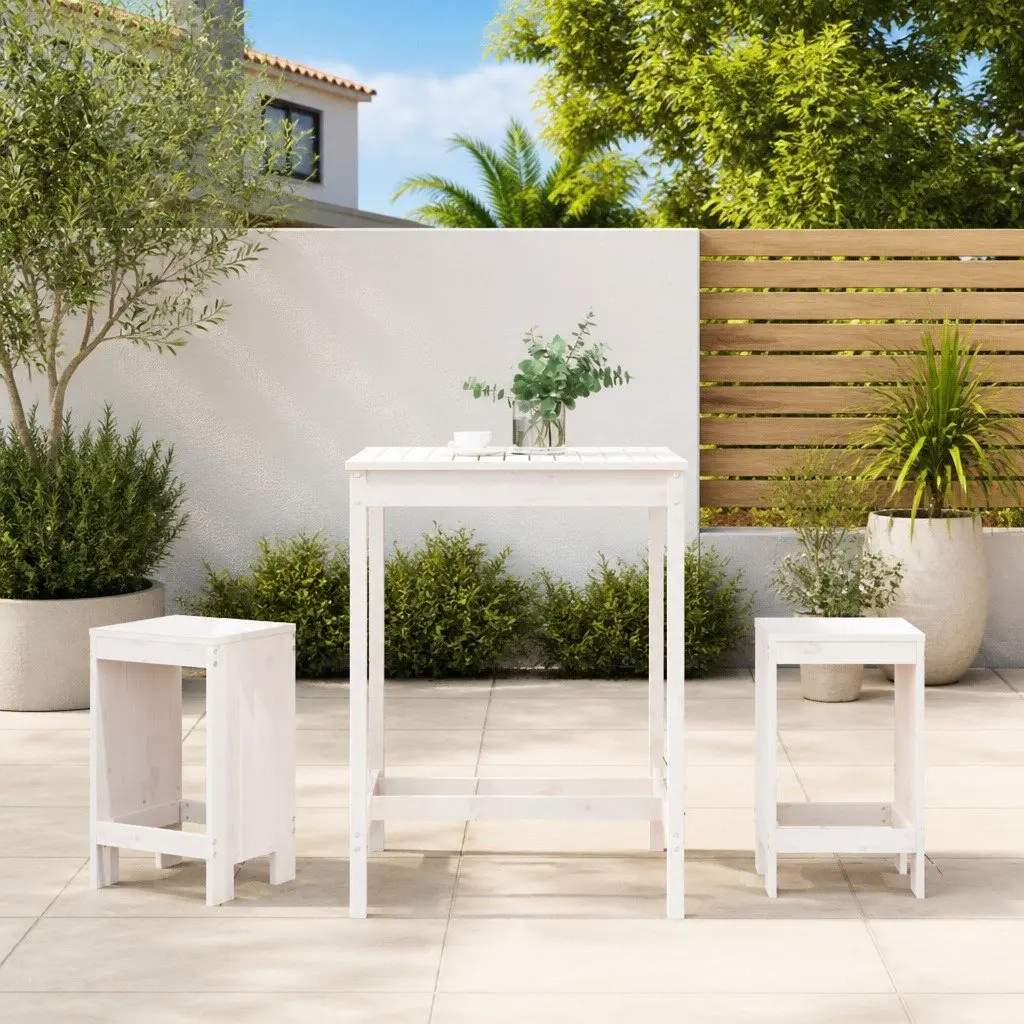 Garden Bar Set White 3 Piece Wooden Outdoor Furniture with Stools and Table