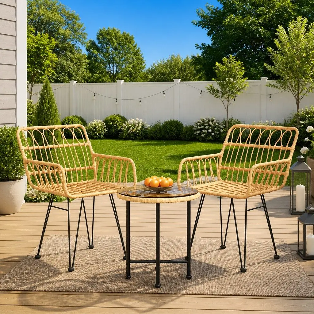 Garden Dining Set Brown 3 Piece Outdoor Furniture Poly Rattan Table Chairs