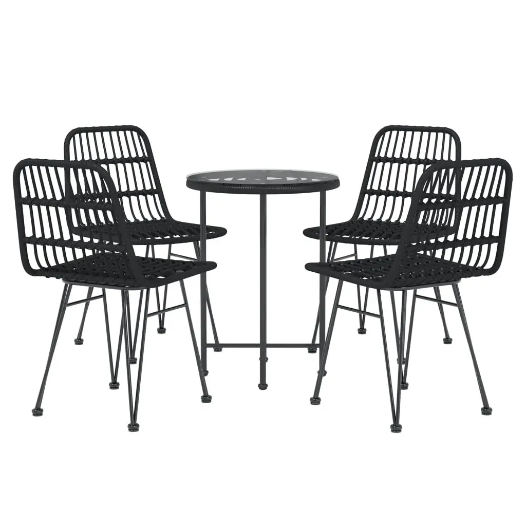 5 Piece Garden Dining Set Black Rattan Table with Tempered Glass Top and Four Chairs with Backrests