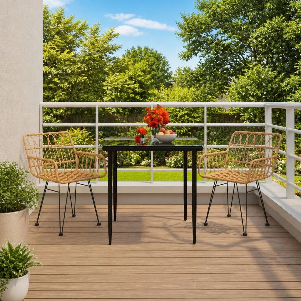 Garden Dining Set 3 Piece Outdoor Furniture Poly Rattan Brown Patio Table Chairs