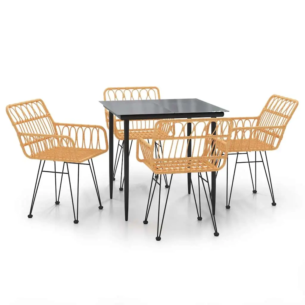 5 Piece Garden Dining Set Brown Poly Rattan Table and Chairs Weather Resistant Steel Frame