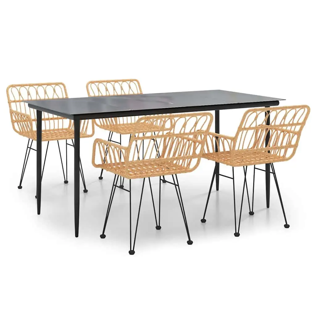 5 Piece Garden Dining Set Brown PE Rattan Steel Frame Tempered Glass Table