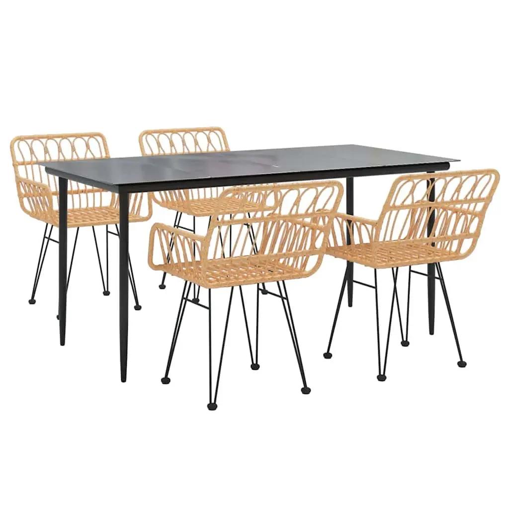 5 Piece Garden Dining Set Brown PE Rattan Steel Frame Tempered Glass Table