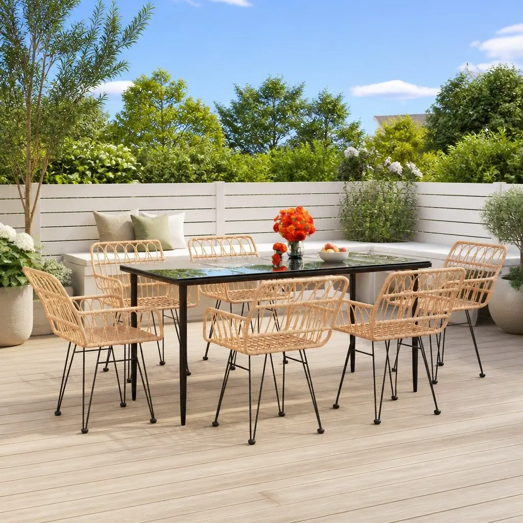 7 Piece Garden Dining Set Outdoor Patio Furniture Brown Poly Rattan Table Chairs