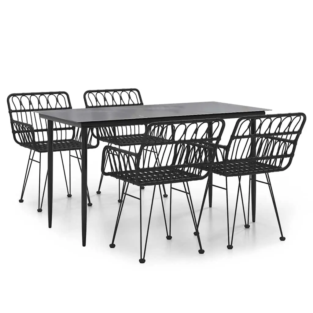 5 Piece Outdoor Dining Set Black Rattan Chairs Steel Frame Tempered Glass Table