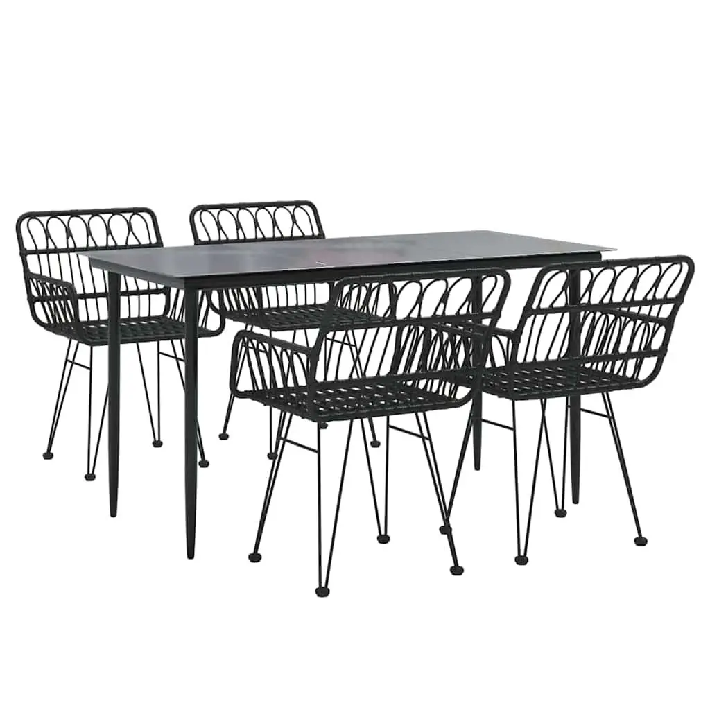 5 Piece Outdoor Dining Set Black Rattan Chairs Steel Frame Tempered Glass Table