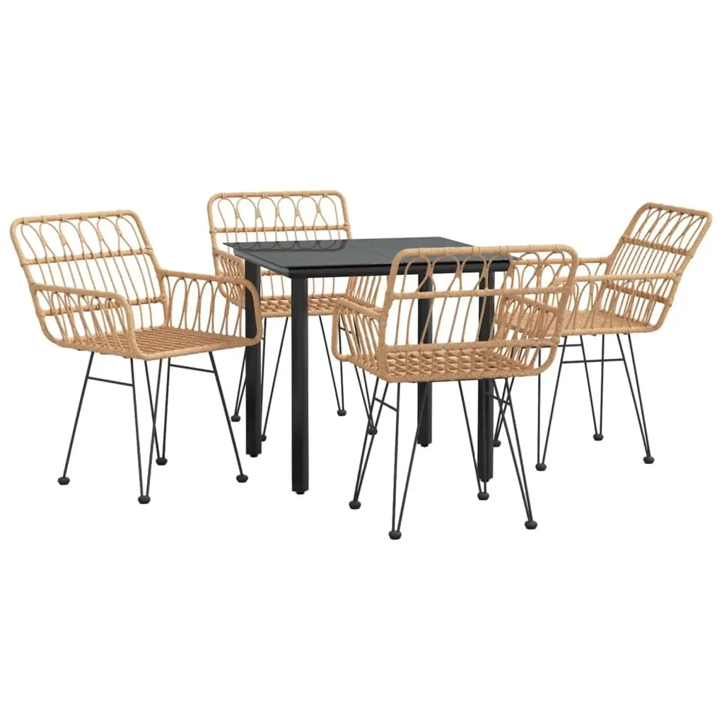 5 Piece Garden Dining Set Brown PE Rattan Steel Frame Tempered Glass Table