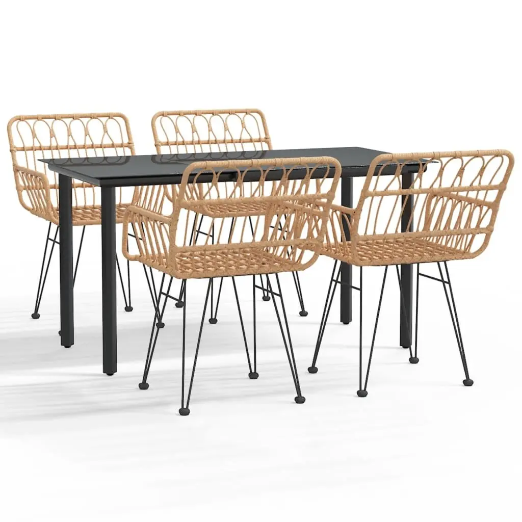 5 Piece Outdoor Garden Dining Set Brown Poly Rattan Patio Furniture with Glass