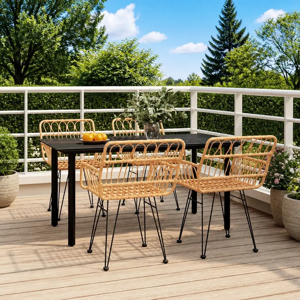 5 Piece Garden Dining Set Brown Poly Rattan Table Chairs Outdoor Patio Furniture