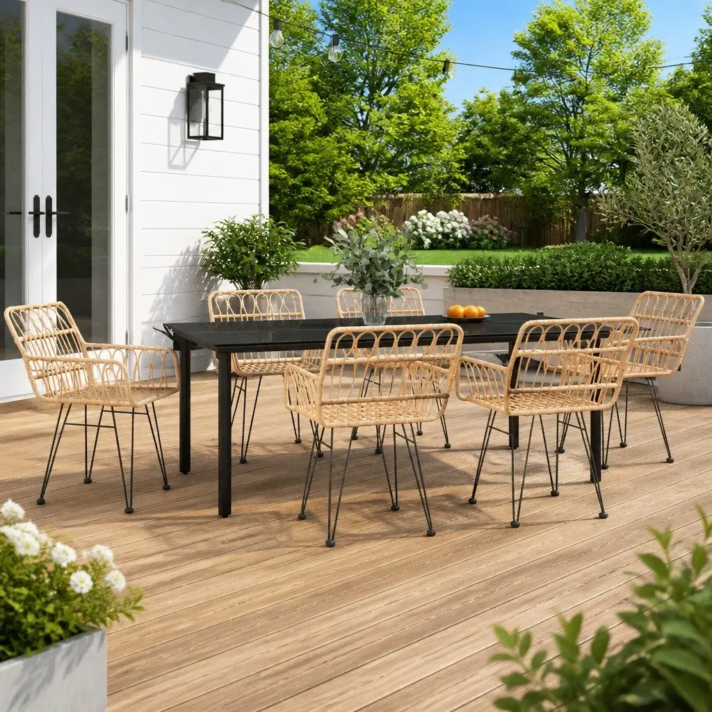 7 Piece Garden Dining Set Brown PE Rattan Chairs Steel Frame Tempered Glass Table