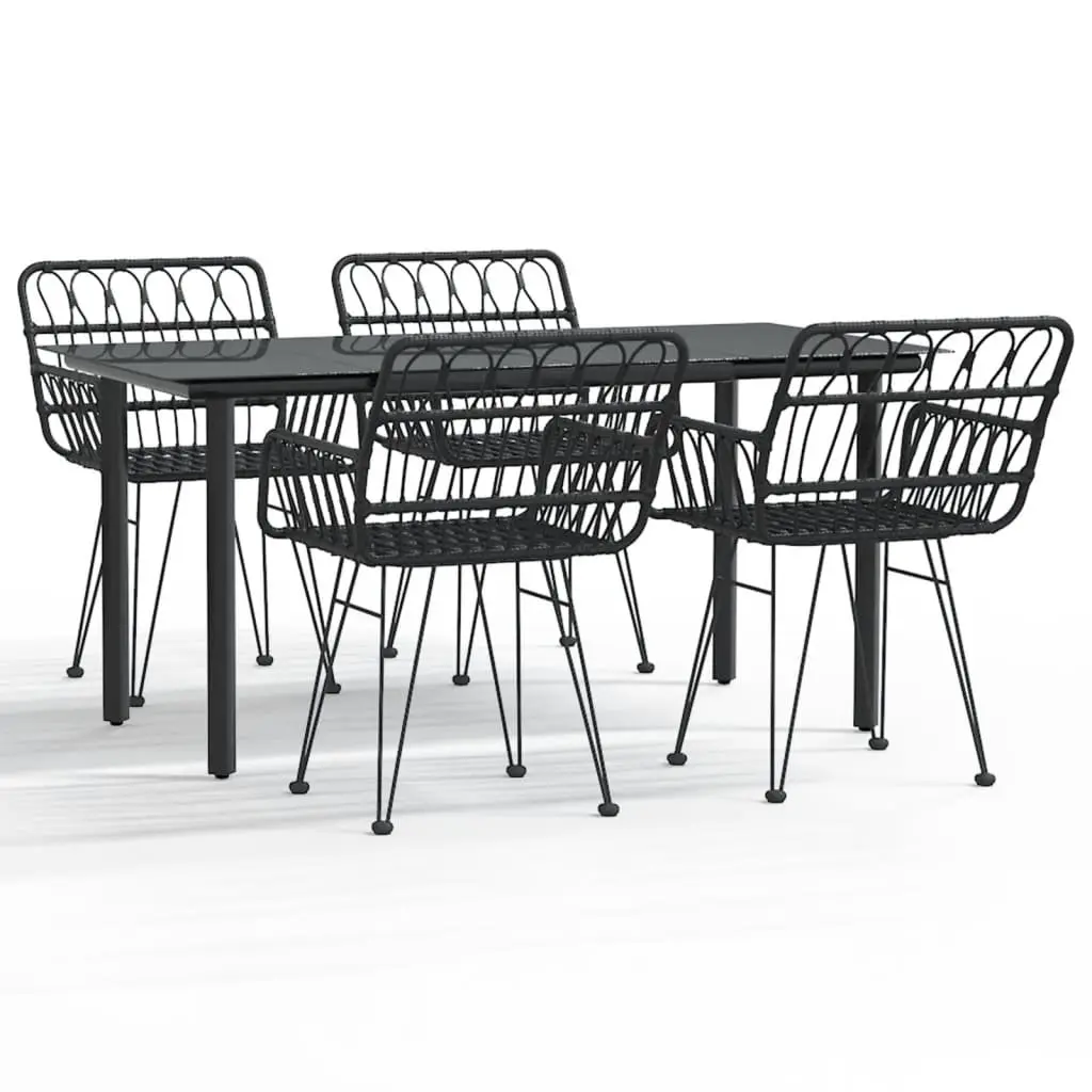 5 Piece Garden Dining Set Black Rattan Chairs Table Tempered Glass Top