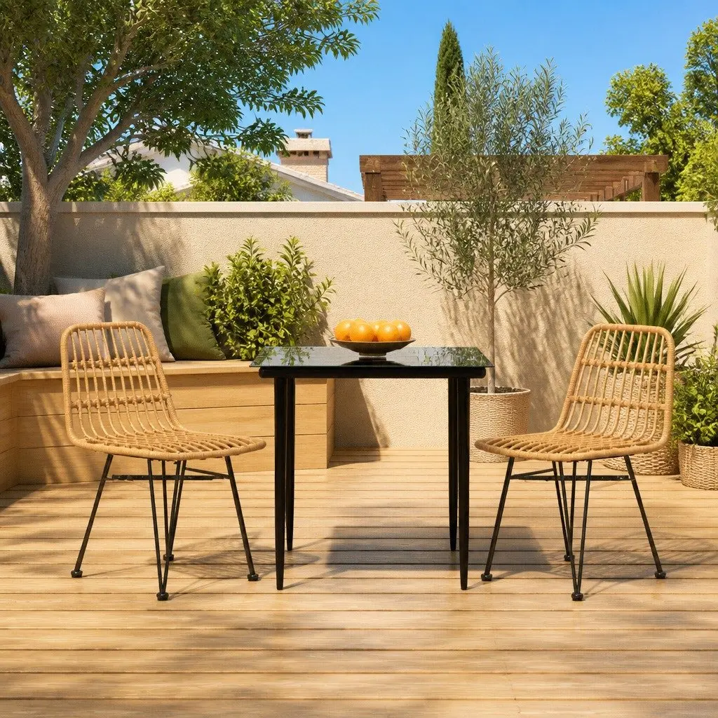 Garden Dining Set 3 Piece Outdoor Furniture Brown Poly Rattan Patio Table Chairs