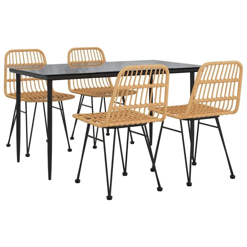 5 Piece Brown Outdoor Dining Set Poly Rattan Steel Frame Tempered Glass Table