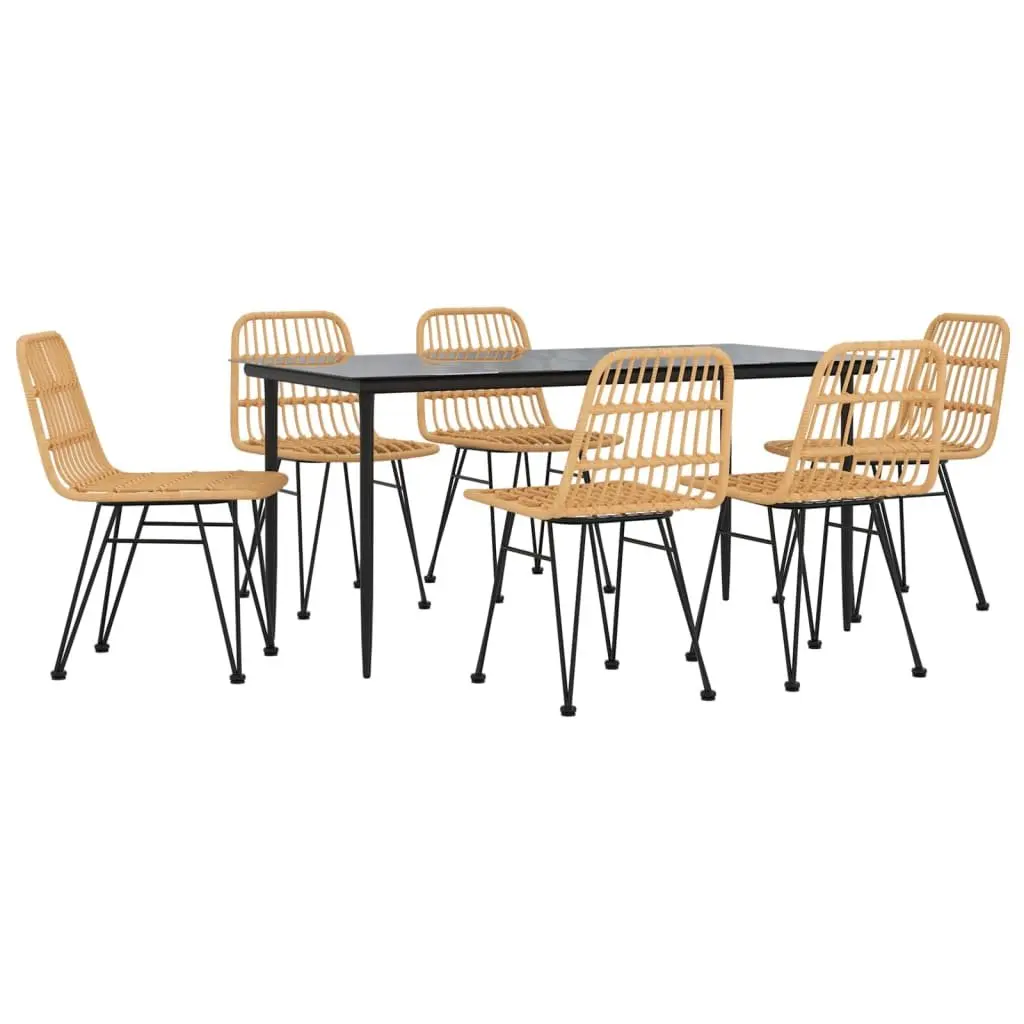 7 Piece Garden Dining Set Brown Poly Rattan Steel Frame Tempered Glass Tabletop
